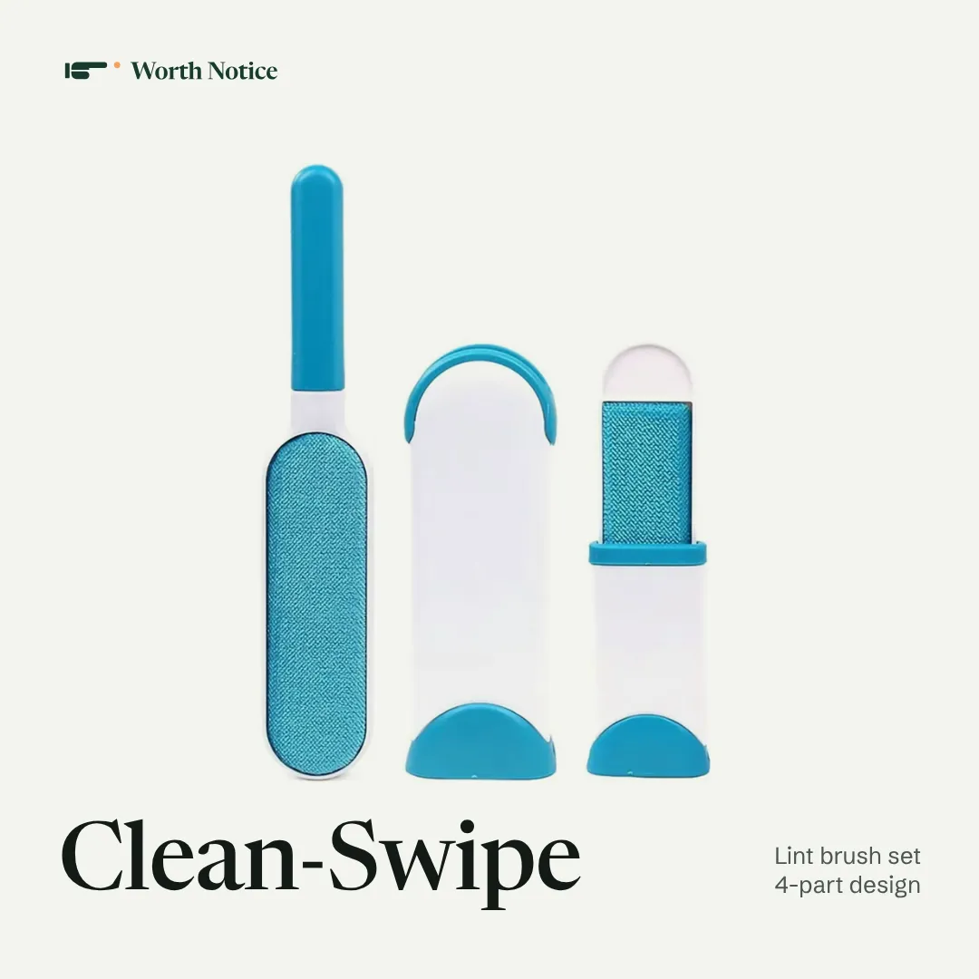 Clean-Swipe set on a pale background, showing the blue full-size brush, the white self-cleaning base and the travel brush