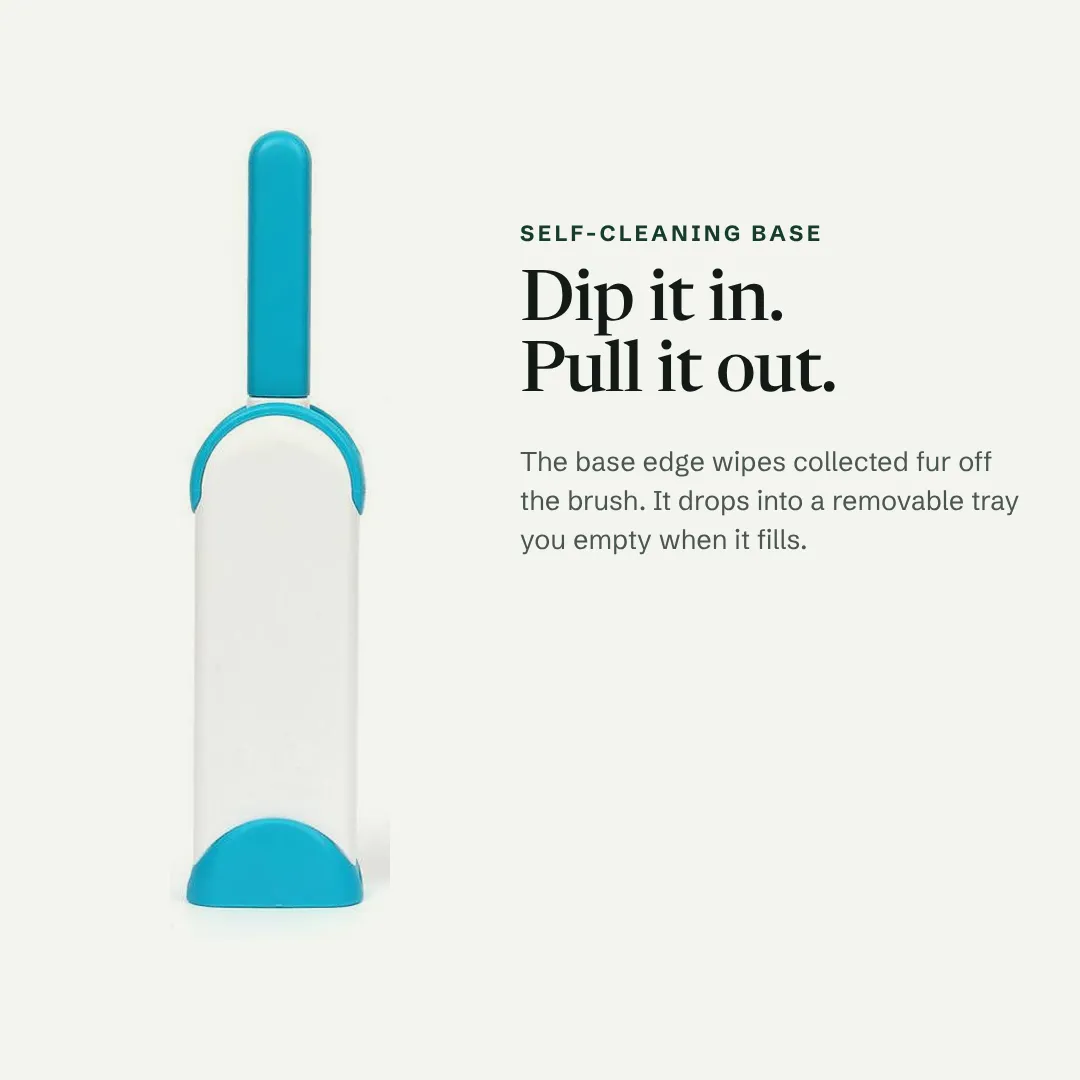 The Clean-Swipe brush standing in its self-cleaning base, with a note that the base edge wipes the fur off