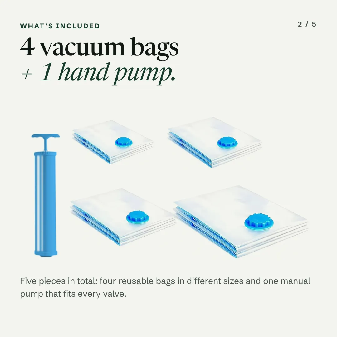 What's included — four vacuum bags and one hand pump, five pieces in total